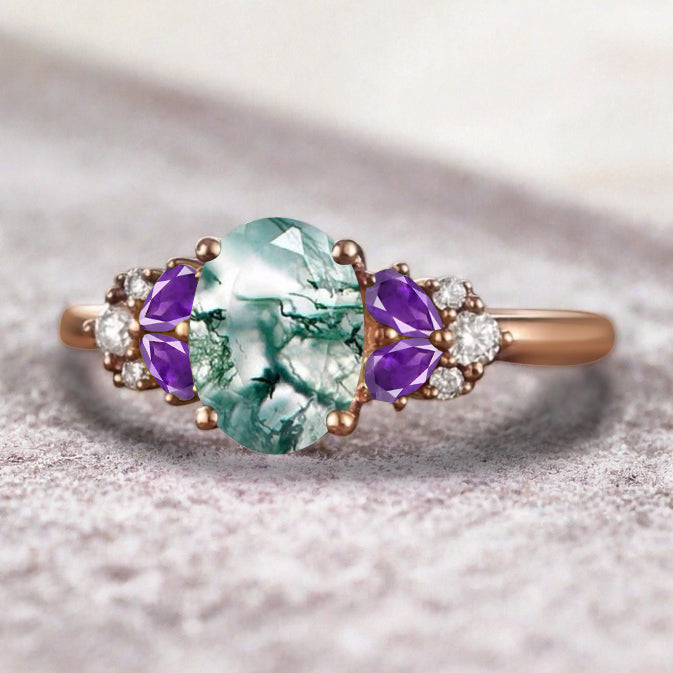 Vintage Oval Moss Agate Engagement Ring Unique Amethyst Sidestones Oval Gemstone Promise Ring