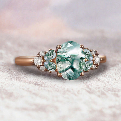 Vintage Oval Moss Agate Engagement Ring Unique Moss Agate Sidestones Oval Gemstone Promise Ring