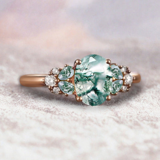 Vintage Oval Moss Agate Engagement Ring Unique Moss Agate Sidestones Oval Gemstone Promise Ring