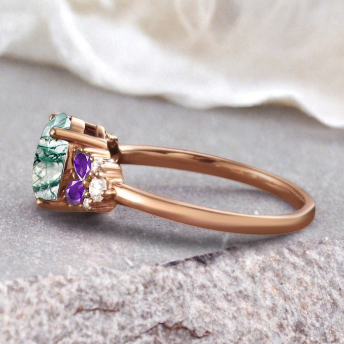 Vintage Oval Moss Agate Engagement Ring Unique Amethyst Sidestones Oval Gemstone Promise Ring