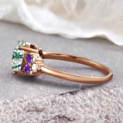 Vintage Oval Moss Agate Engagement Ring Unique Amethyst Sidestones Oval Gemstone Promise Ring