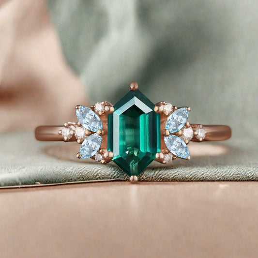 Vintage Hexagon Cut Emerald Engagement Ring Aquamarine Side Stone Wedding Promise Bridal Ring
