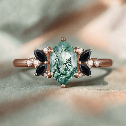 Vintage Hexagon Cut Moss Agate Engagement Ring Black Onyx Side Stone Wedding Promise Bridal Ring