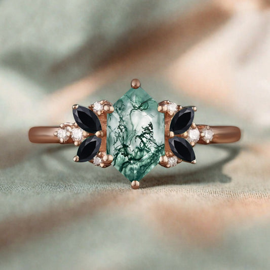 Vintage Hexagon Cut Moss Agate Engagement Ring Black Onyx Side Stone Wedding Promise Bridal Ring