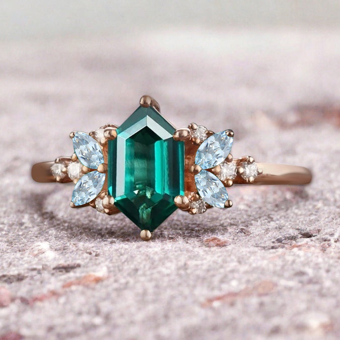 Vintage Hexagon Cut Emerald Engagement Ring Aquamarine Side Stone Wedding Promise Bridal Ring