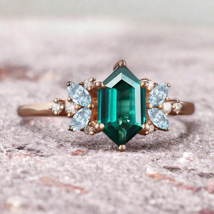 Vintage Hexagon Cut Emerald Engagement Ring Aquamarine Side Stone Wedding Promise Bridal Ring