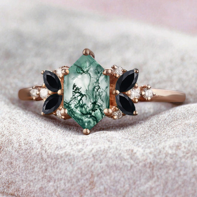 Vintage Hexagon Cut Moss Agate Engagement Ring Black Onyx Side Stone Wedding Promise Bridal Ring