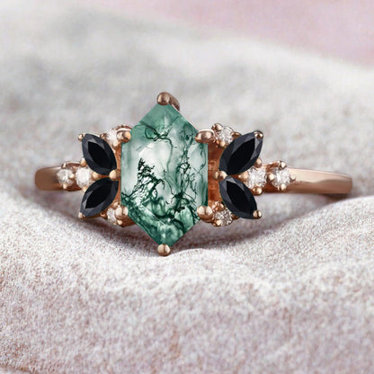 Vintage Hexagon Cut Moss Agate Engagement Ring Black Onyx Side Stone Wedding Promise Bridal Ring