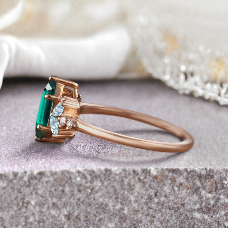 Vintage Hexagon Cut Emerald Engagement Ring Aquamarine Side Stone Wedding Promise Bridal Ring