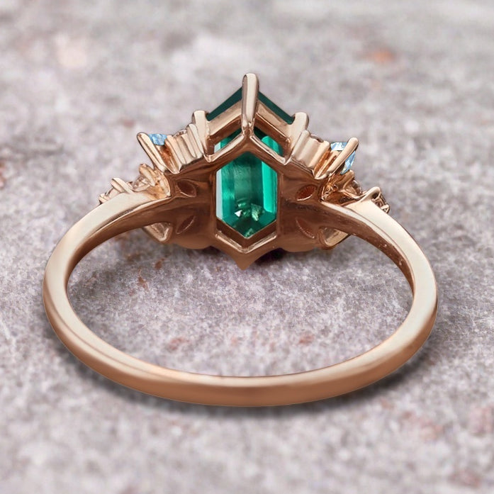 Vintage Hexagon Cut Emerald Engagement Ring Aquamarine Side Stone Wedding Promise Bridal Ring