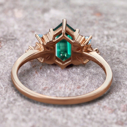 Vintage Hexagon Cut Emerald Engagement Ring Aquamarine Side Stone Wedding Promise Bridal Ring