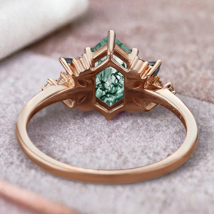 Vintage Hexagon Cut Moss Agate Engagement Ring Black Onyx Side Stone Wedding Promise Bridal Ring