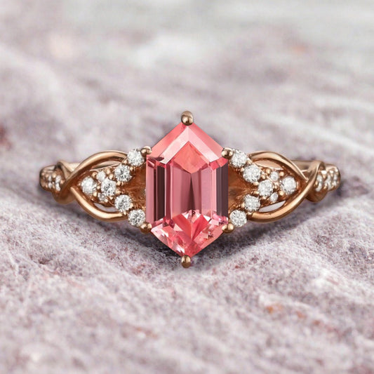 Hexagon Cut Pink Sapphire Engagement Ring Unique Pink Sapphire Moissanite Wedding Ring Gift For Her
