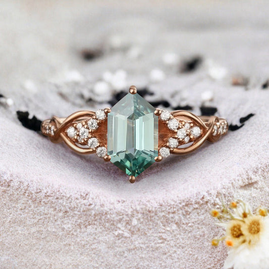 Hexagon Cut Tsavorite Engagement Ring Unique Tsavorite Moissanite Wedding Ring Gift For Her