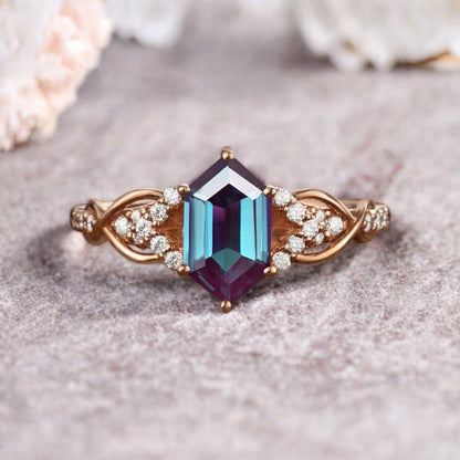 Hexagon Cut Alexandrite Engagement Ring Unique Alexandrite Moissanite Wedding Ring Gift For Her