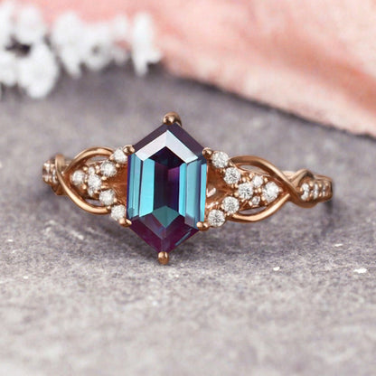 Hexagon Cut Alexandrite Engagement Ring Unique Alexandrite Moissanite Wedding Ring Gift For Her