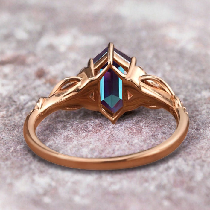 Hexagon Cut Alexandrite Engagement Ring Unique Alexandrite Moissanite Wedding Ring Gift For Her