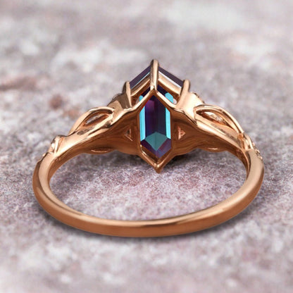 Hexagon Cut Alexandrite Engagement Ring Unique Alexandrite Moissanite Wedding Ring Gift For Her