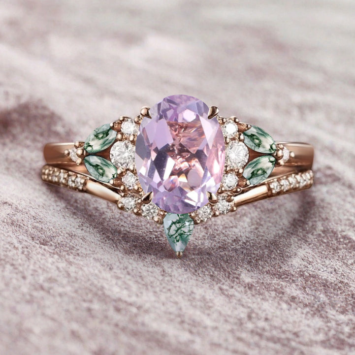 Bague de fiançailles vintage ovale en pierre de lune, bague de promesse unique en opale et moissanite