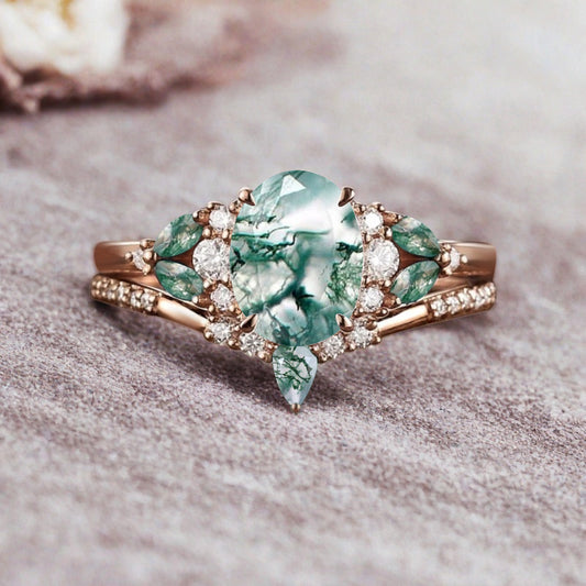 Vintage Oval Moss Agate Engagement Ring Set Unique Moss Agate Sidestones Oval Gemstone Promise Ring Set