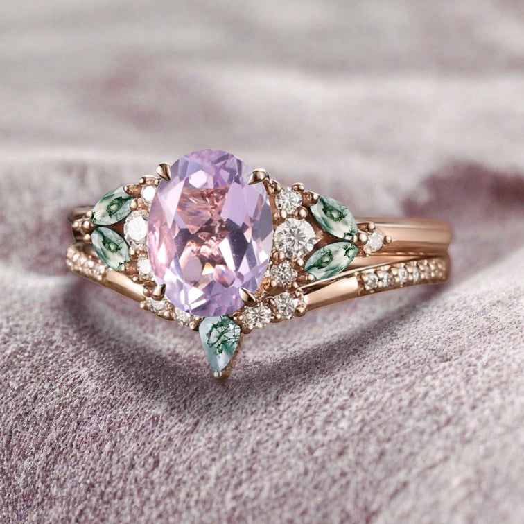 Bague de fiançailles vintage ovale en pierre de lune, bague de promesse unique en opale et moissanite