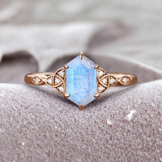 Hexagon Cut Labradorite Engagement Bridal Ring Moissanite Art Deco Promise Ring