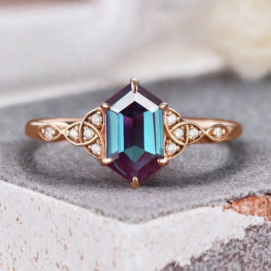 Hexagon Cut Alexandrite Engagement Bridal Ring Moissanite Art Deco Promise Ring