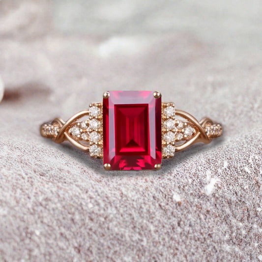 Emerald Cut Ruby Engagement Ring Unique Ruby Moissanite Deco Wedding Ring Gift For Her