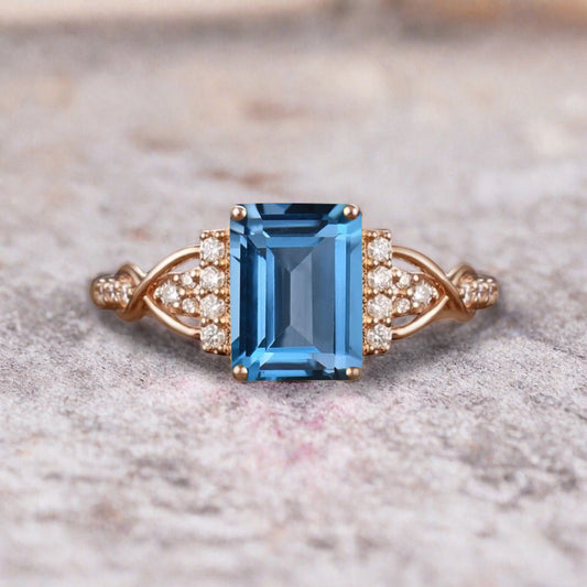 Emerald Cut Aquamarine Engagement Ring Unique Aquamarine Moissanite Deco Wedding Ring Gift For Her