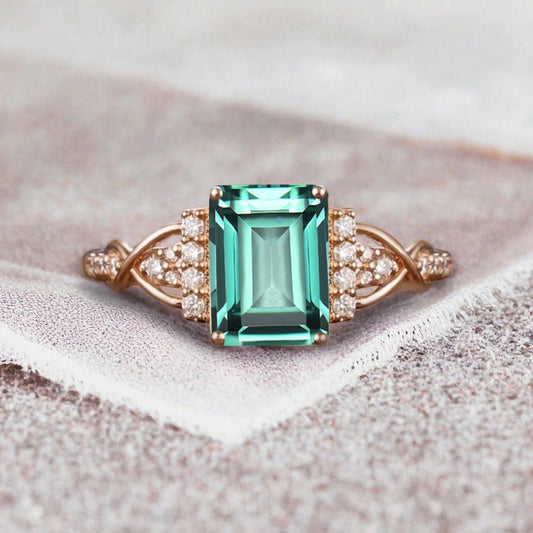 Emerald Cut Tsavorite Engagement Ring Unique Tsavorite Moissanite Deco Wedding Ring Gift For Her