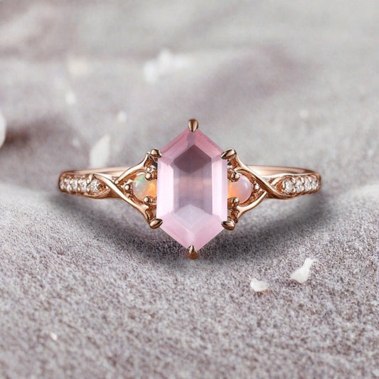 Hexagon cut pink sapphire engagement ring vintage unique Opal moissanite ring twisted band wedding ring women bridal anniversary gift