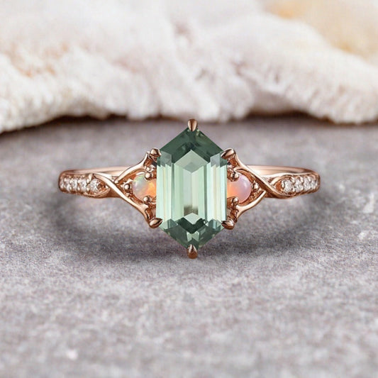 Hexagon cut tsavorite engagement ring vintage unique Opal moissanite ring twisted band wedding ring women bridal anniversary gift