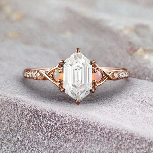 Hexagon cut moissanite engagement ring vintage unique Opal moissanite ring twisted band wedding ring women bridal anniversary gift