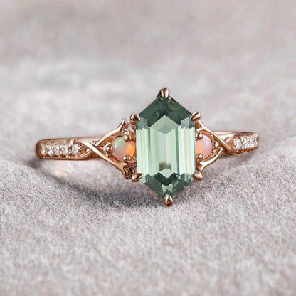 Hexagon cut tsavorite engagement ring vintage unique tsavorite moissanite ring twisted band wedding ring women bridal anniversary gift
