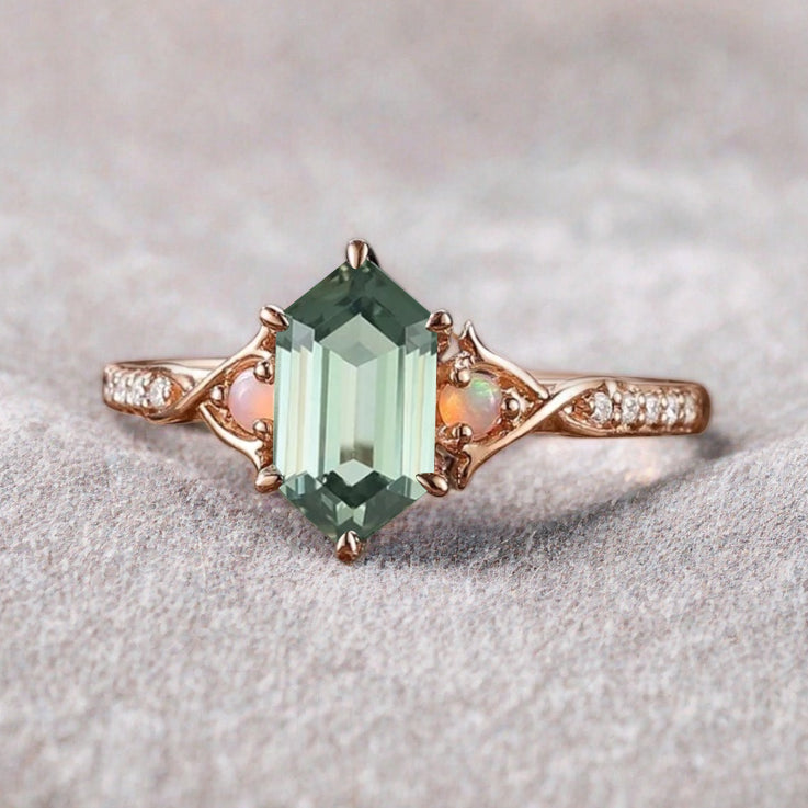 Hexagon cut tsavorite engagement ring vintage unique tsavorite moissanite ring twisted band wedding ring women bridal anniversary gift