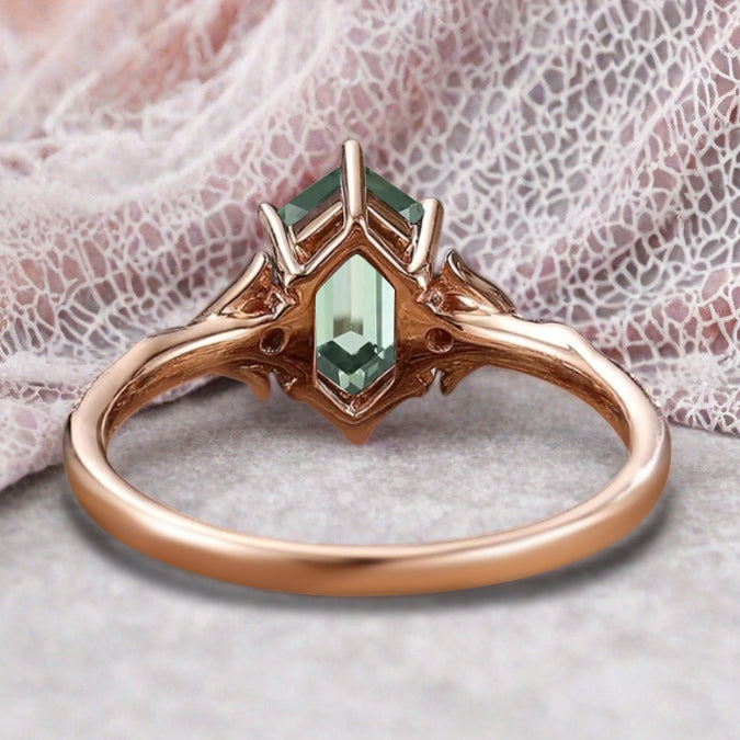 Hexagon cut tsavorite engagement ring vintage unique tsavorite moissanite ring twisted band wedding ring women bridal anniversary gift