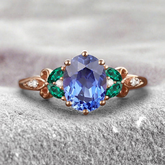 Bague de fiançailles vintage ovale en pierre de lune, bague de promesse unique en opale et moissanite