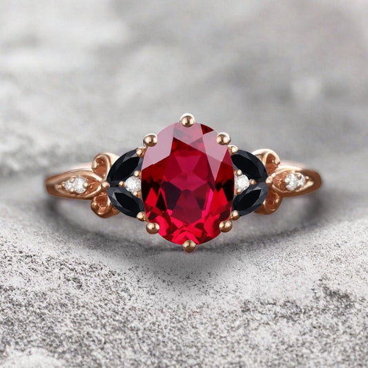 Vintage Oval Ruby Engagement Ring Unique Black Onyx Sidestones Oval Gemstone Promise Ring Ver.2