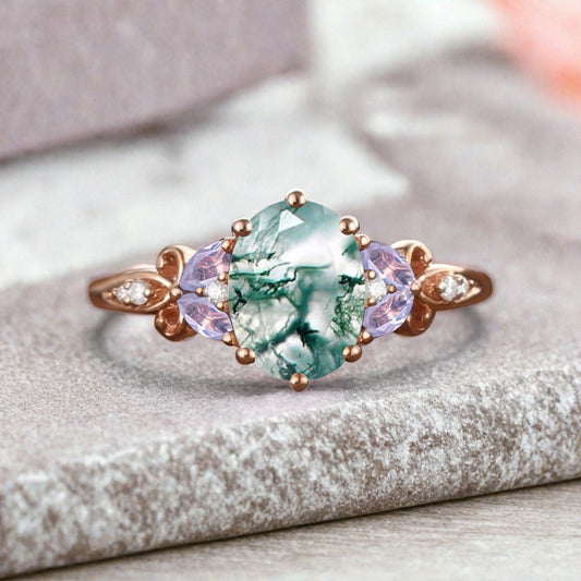 Vintage Oval Moss Agate Engagement Ring Unique Amethyst Sidestones Oval Gemstone Promise Ring Ver.2