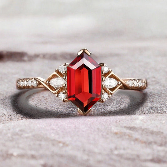 Hexagon Ruby Engagement Ring Moissanite Cluster Promise Ring Rose Gold Art Deco Ring Custom Handmade Bridal Ring