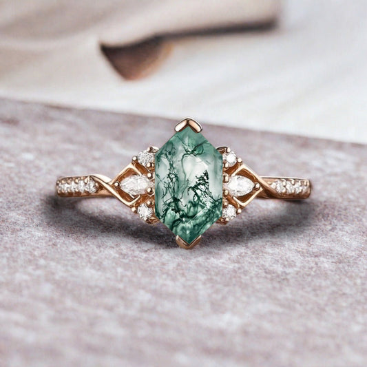 Hexagon Moss Agate Engagement Ring Moissanite Cluster Promise Ring Rose Gold Art Deco Ring Custom Handmade Bridal Ring