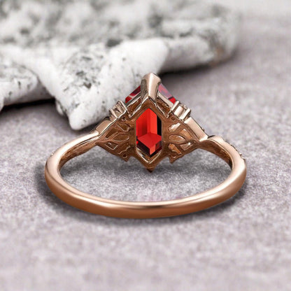 Hexagon Ruby Engagement Ring Moissanite Cluster Promise Ring Rose Gold Art Deco Ring Custom Handmade Bridal Ring