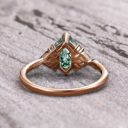 Hexagon Moss Agate Engagement Ring Moissanite Cluster Promise Ring Rose Gold Art Deco Ring Custom Handmade Bridal Ring