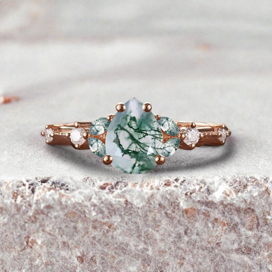 Vintage Pear Moss Agate Engagement Ring Unique Moissanite Sidestones Pear Gemstone Promise Ring