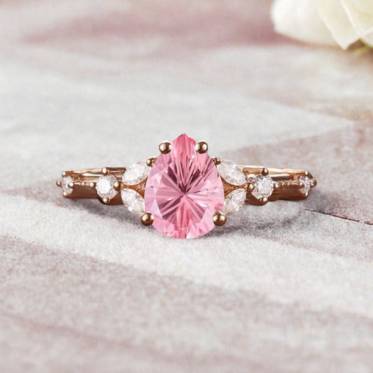 Vintage Pear Pink Sapphire Engagement Ring Unique Moissanite Sidestones Pear Gemstone Promise Ring