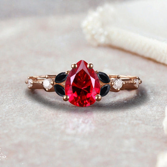 Vintage Pear Ruby Engagement Ring Unique Black Onyx Sidestones Pear Shape Gemstone Promise Ring Ver.2