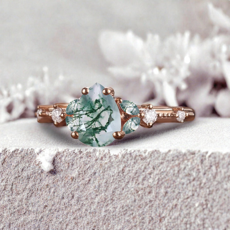 Vintage Pear Moss Agate Engagement Ring Unique Moissanite Sidestones Pear Gemstone Promise Ring