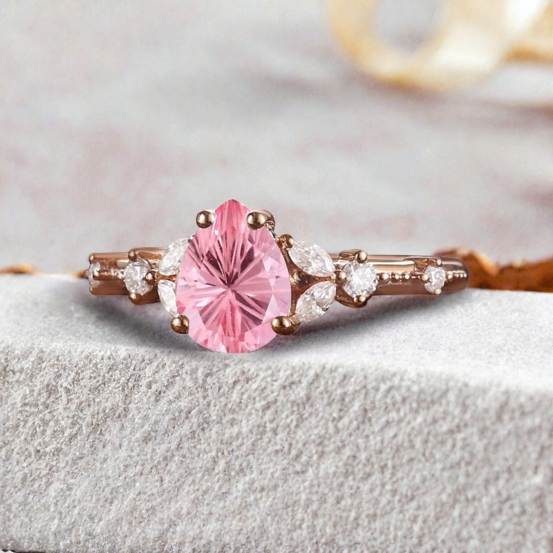 Vintage Pear Pink Sapphire Engagement Ring Unique Moissanite Sidestones Pear Gemstone Promise Ring