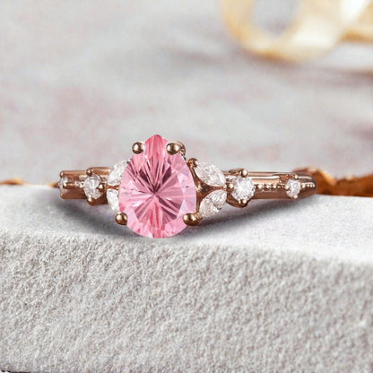Vintage Pear Pink Sapphire Engagement Ring Unique Moissanite Sidestones Pear Gemstone Promise Ring