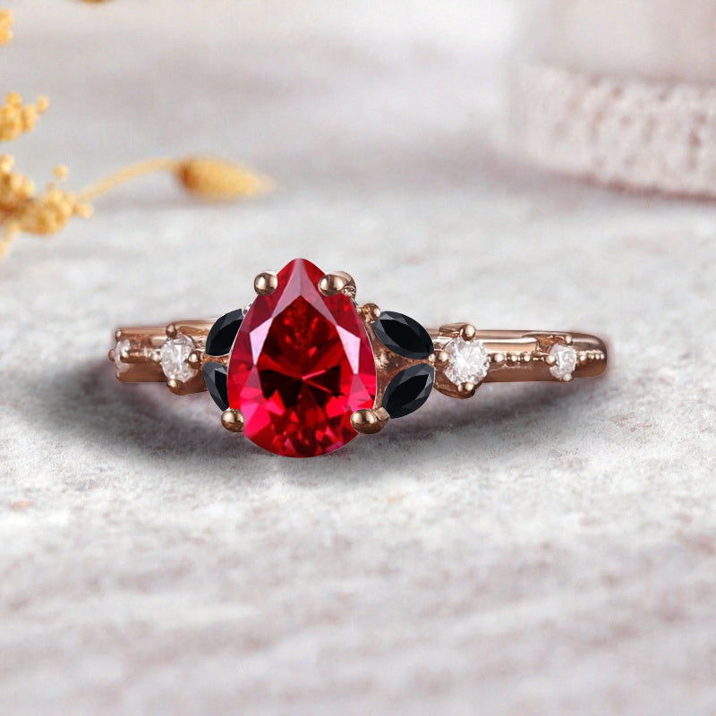 Vintage Pear Ruby Engagement Ring Unique Black Onyx Sidestones Pear Shape Gemstone Promise Ring Ver.2